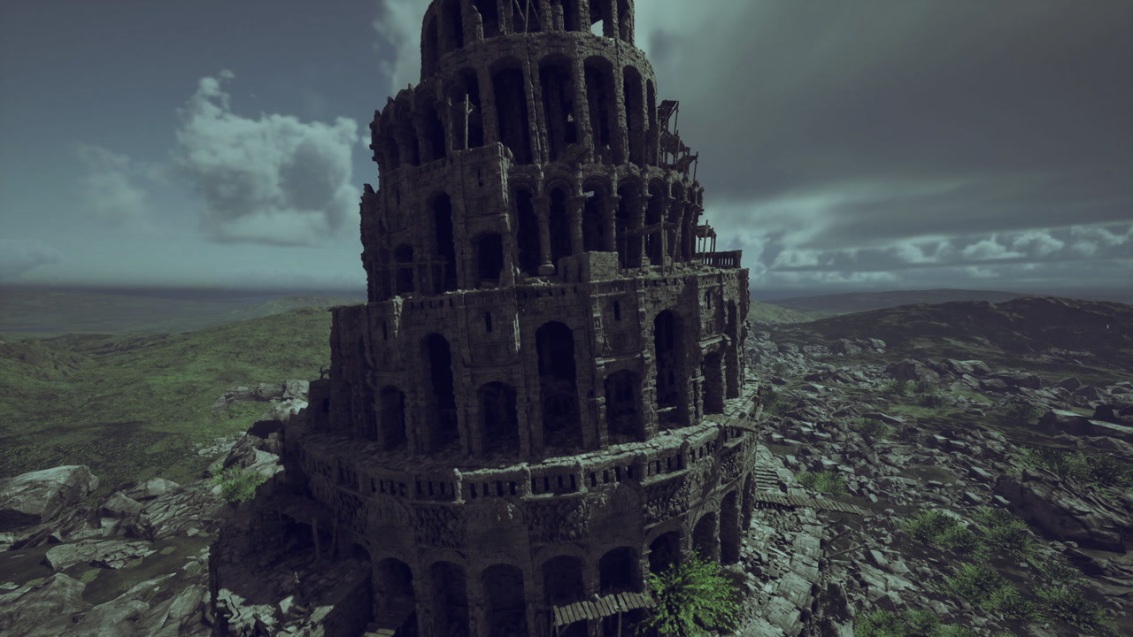 Vast stone edifice perched over rocky plains beneath stormy clouds