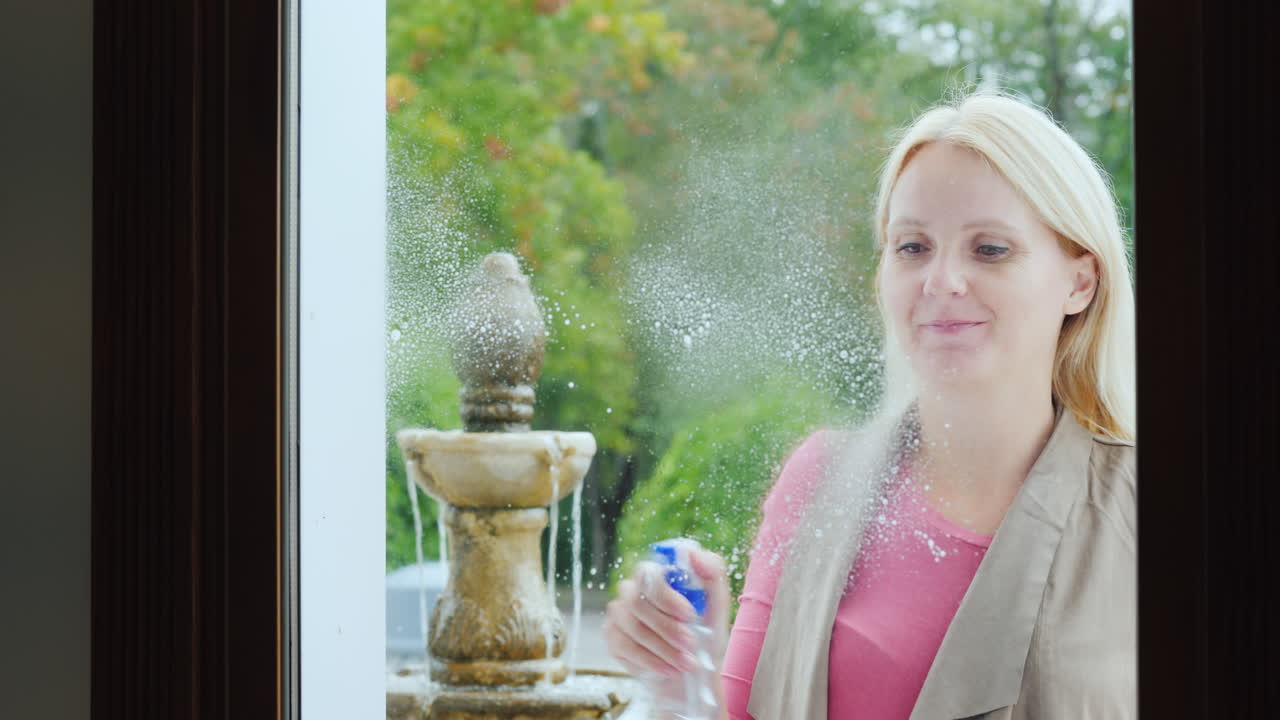 한 여성이 카페에서 창문을 문지르거나 방 안에서 작은 가게 전망을 봅니다.