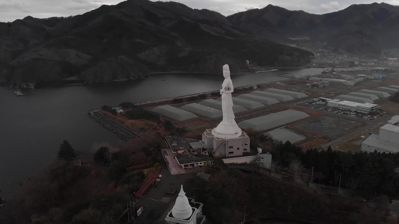 Aerial establishing at Aizu Jibo Kannon Giant Statue of Mercy, Landscape in Fukushima Japan
