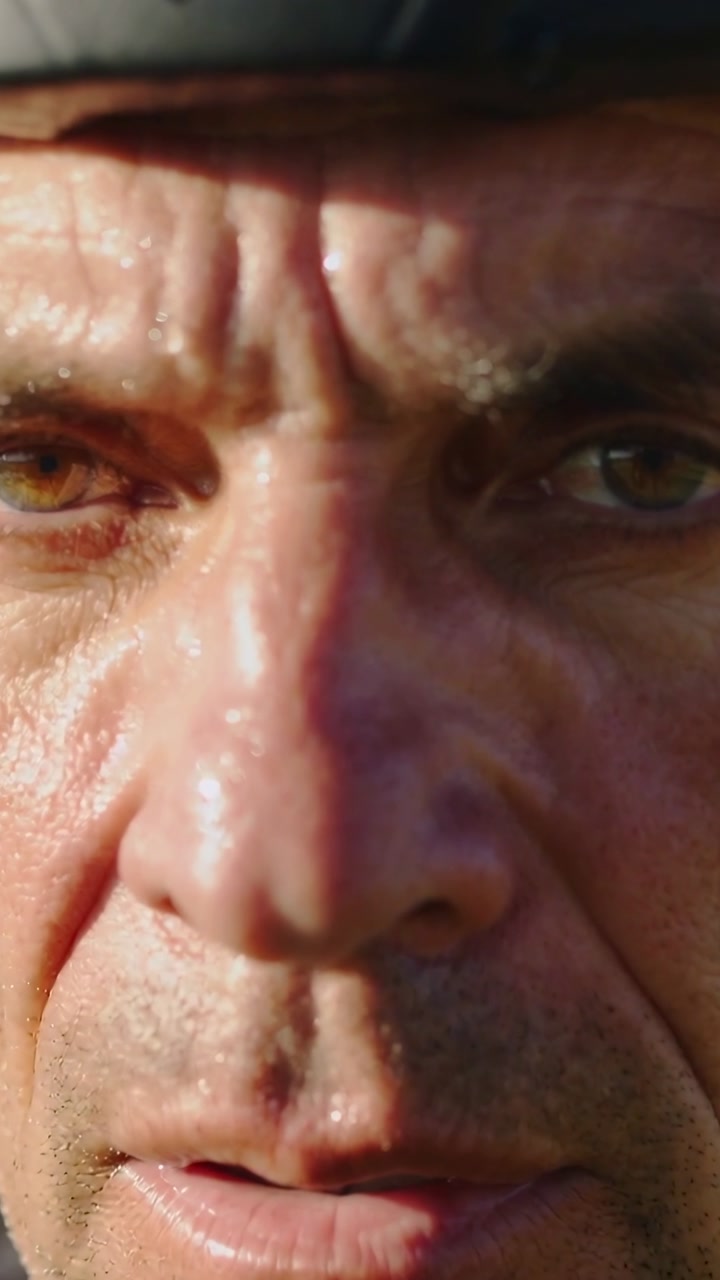 Vertical video: Camera focusing man showing shifting expressions from sun, helmet sweat bead