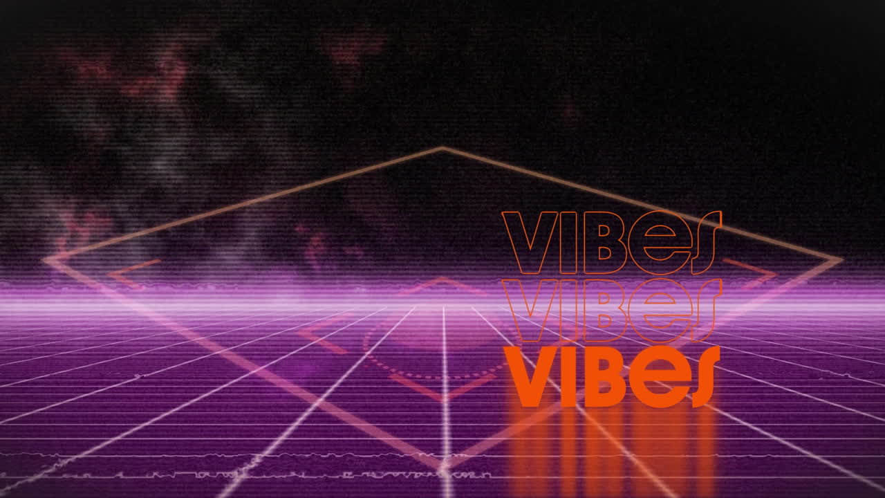 Animation of vibes text over shapes on black background