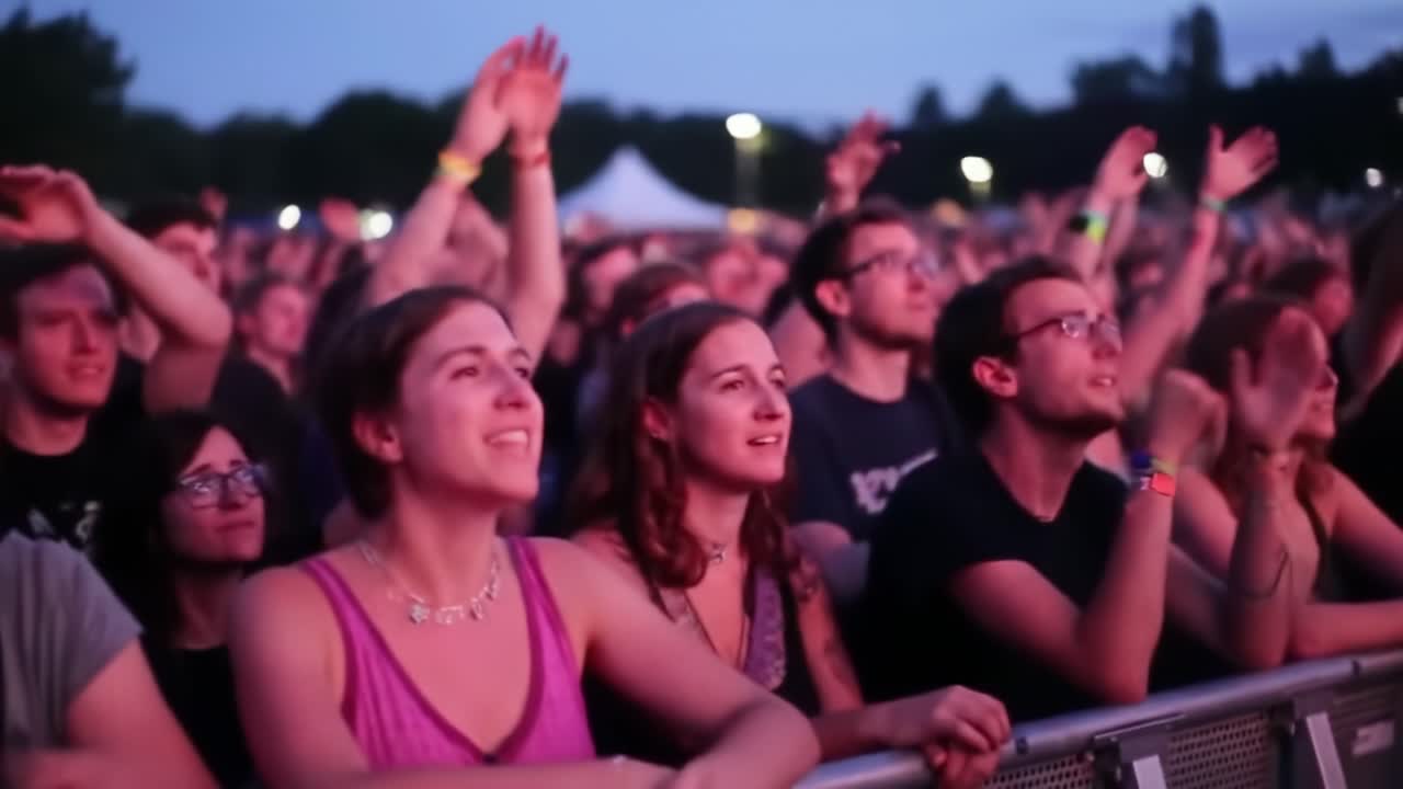 Crowd Enjoying Live Music at an Outdoor Concert in Summer Evening Light