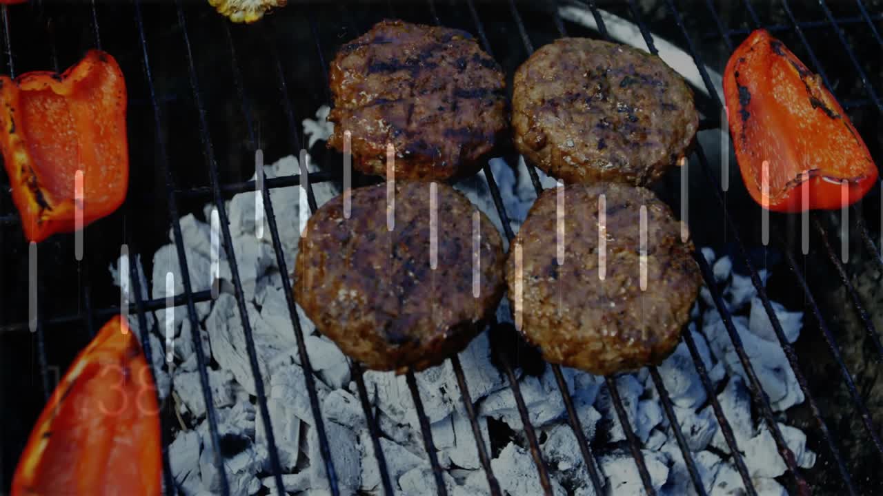Grill opening showing four patties sizzling, corn and peppers searing, waveform signaling readiness