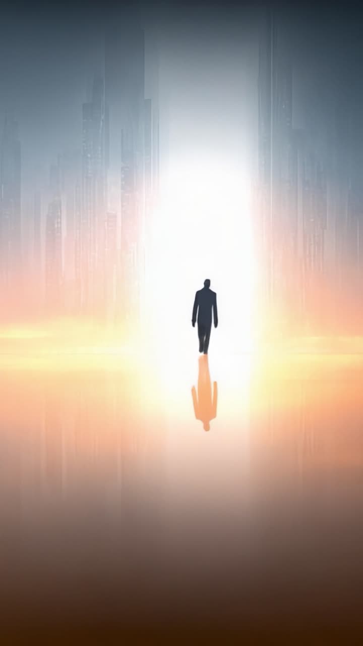 A lone figure navigates a surreal landscape, transitioning from a shadowy cityscape into a luminous, ethereal realm, representing the journey of self-discovery and transformation