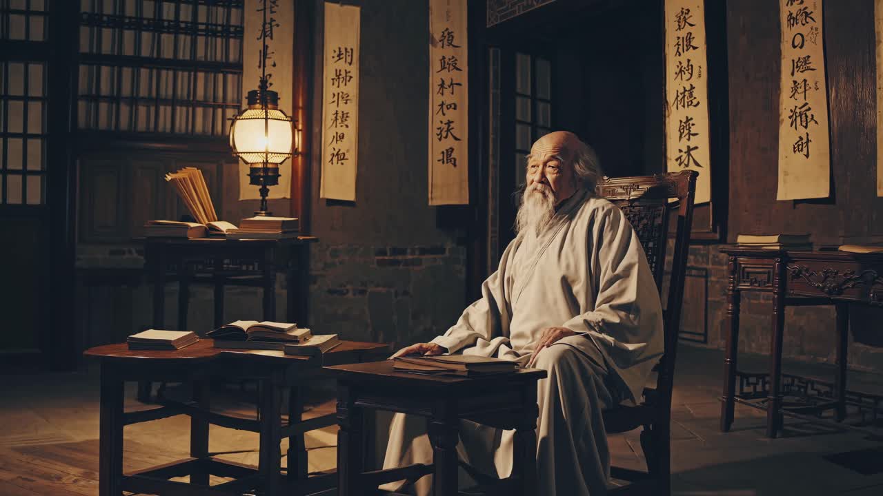 A serene, scholarly scene captured at eye level, featuring an elderly man in traditional attire