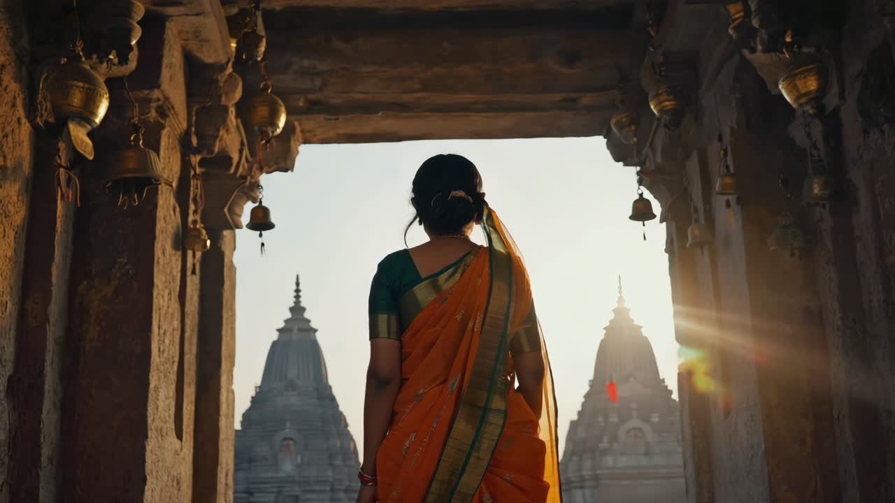 Traditional orange sari draping slim figure, woman standing temple doorway, silhouetted against brightening sunrise sky, revealing architectural temple towers in soft golden light