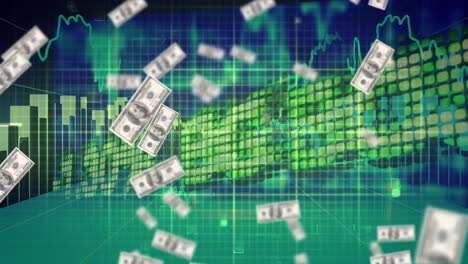 animación de billetes de dólares estadounidenses que caen sobre el procesamiento de datos financieros