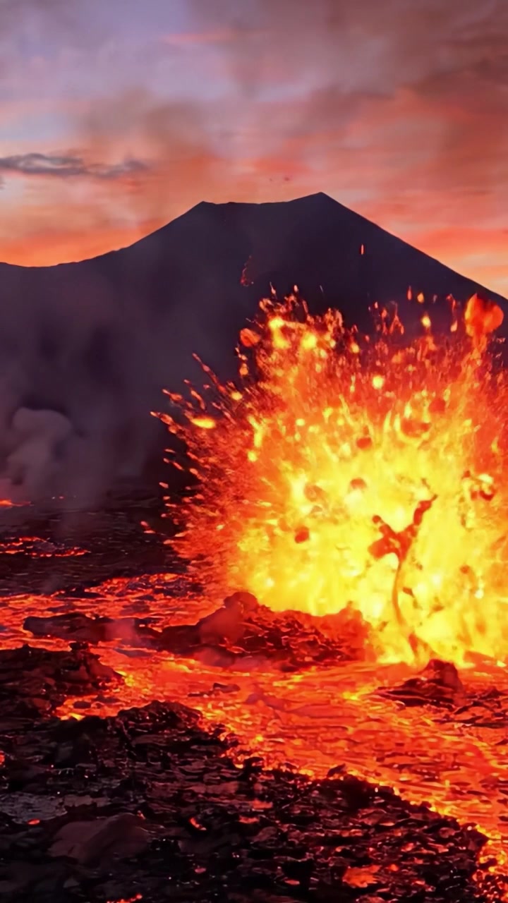 Erupting Volcano at Sunset: A Captivating Display of Lava Flowing Vigorously with Fiery Eruptions Lighting Up the Landscape in Vivid Hues of Orange and Red