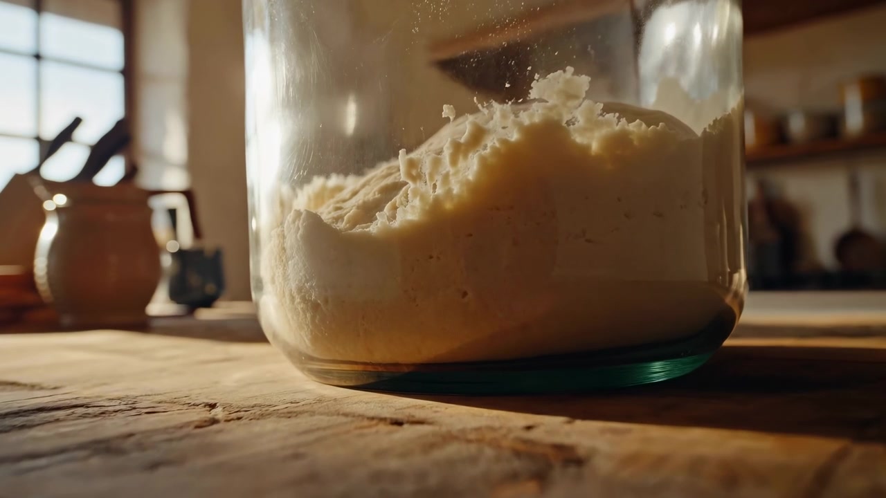 Un barattolo di vetro pieno di impasto che lievita si trova su un tavolo di legno in una calda cucina rustica, con luce solare soffusa, scaffali, pentole e utensili da cucina visibili nel