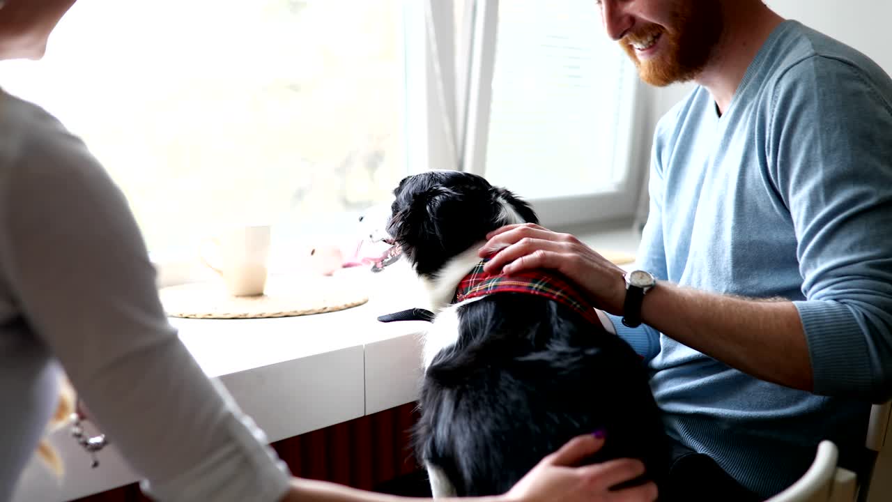 아름다운 부부가 집에서 휴식을 취하고 개를 사랑하고 있습니다.
