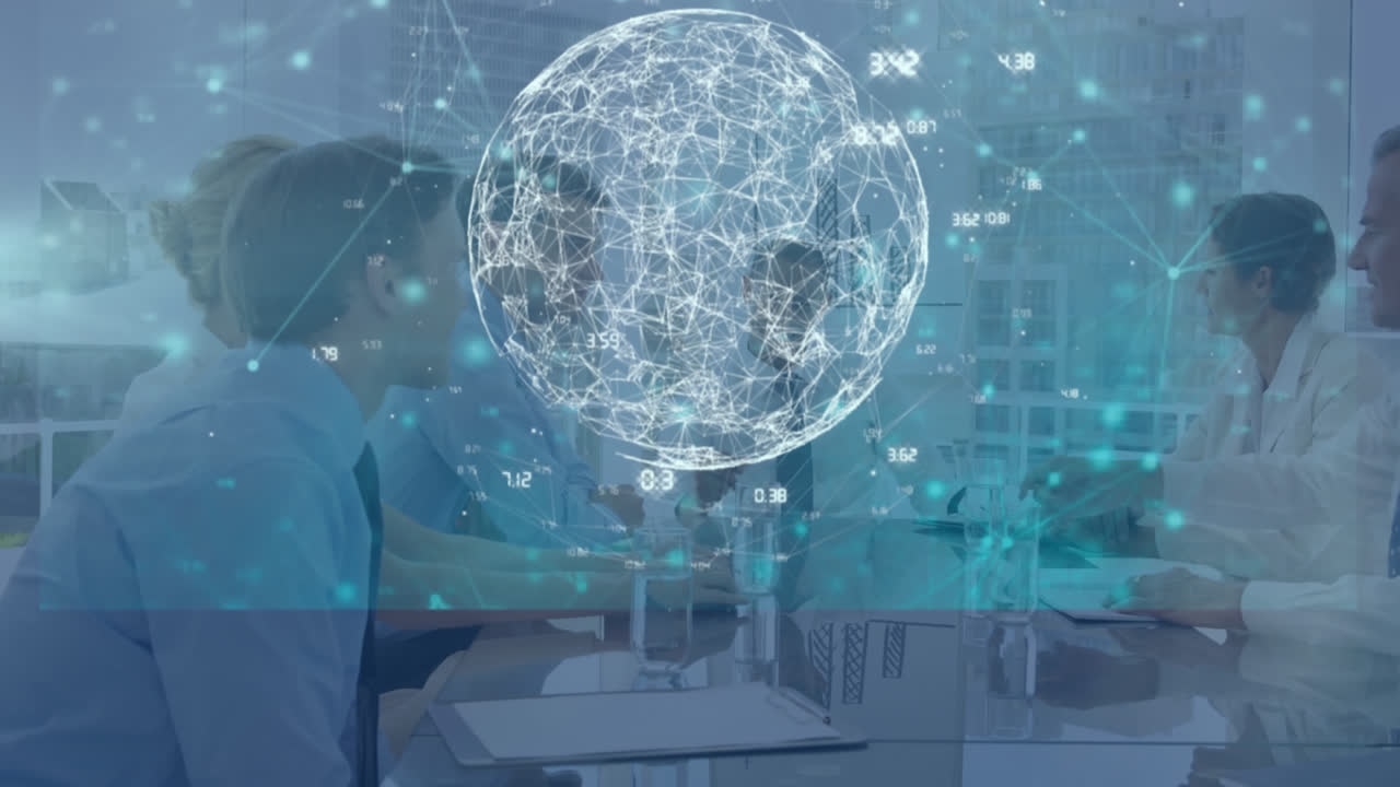 배경에서 회의에서 사업가들에 대한 데이터 처리의 애니메이션.