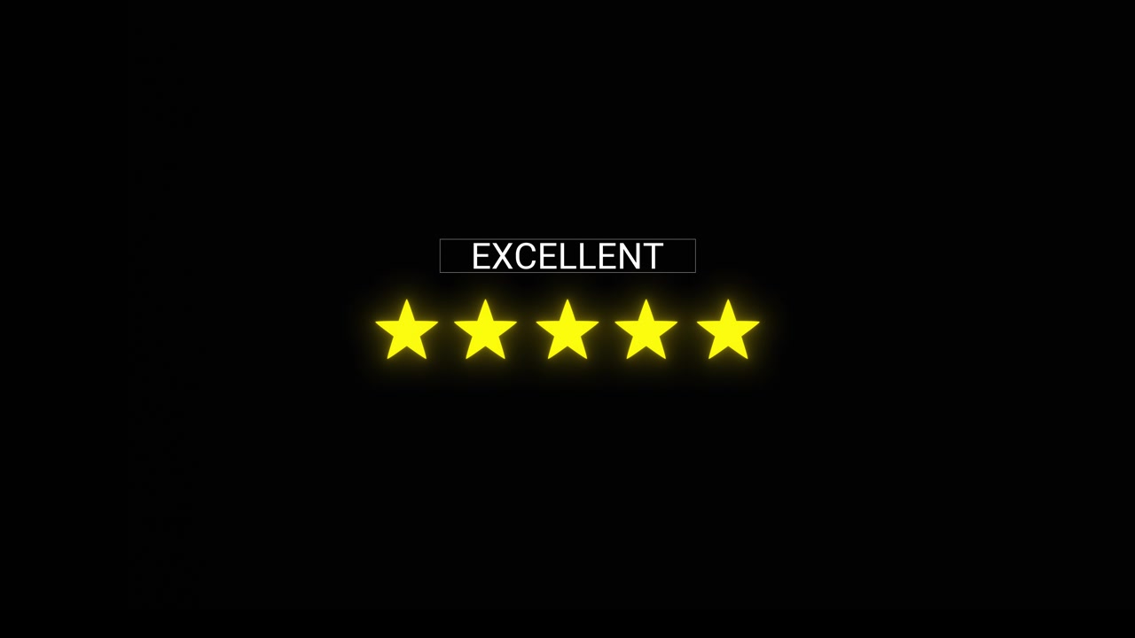 Glowing customer review stars visual with bright yellow rating icons excellent label and clean black