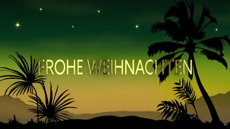 animation of frohe wihnachten text over tropical scenery on green background