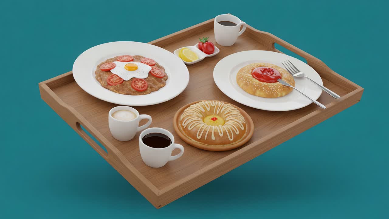 Delicious Breakfast Spread Showcasing a Variety of Dishes on a Wooden Tray: Including Pancakes, Eggs, and Fresh Tomatoes Surrounded by Coffee and Sauces