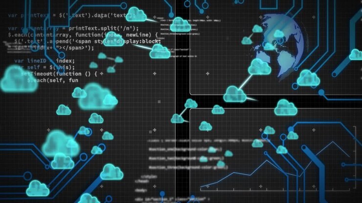 Animation of cloud icons and data processing over globe and screens