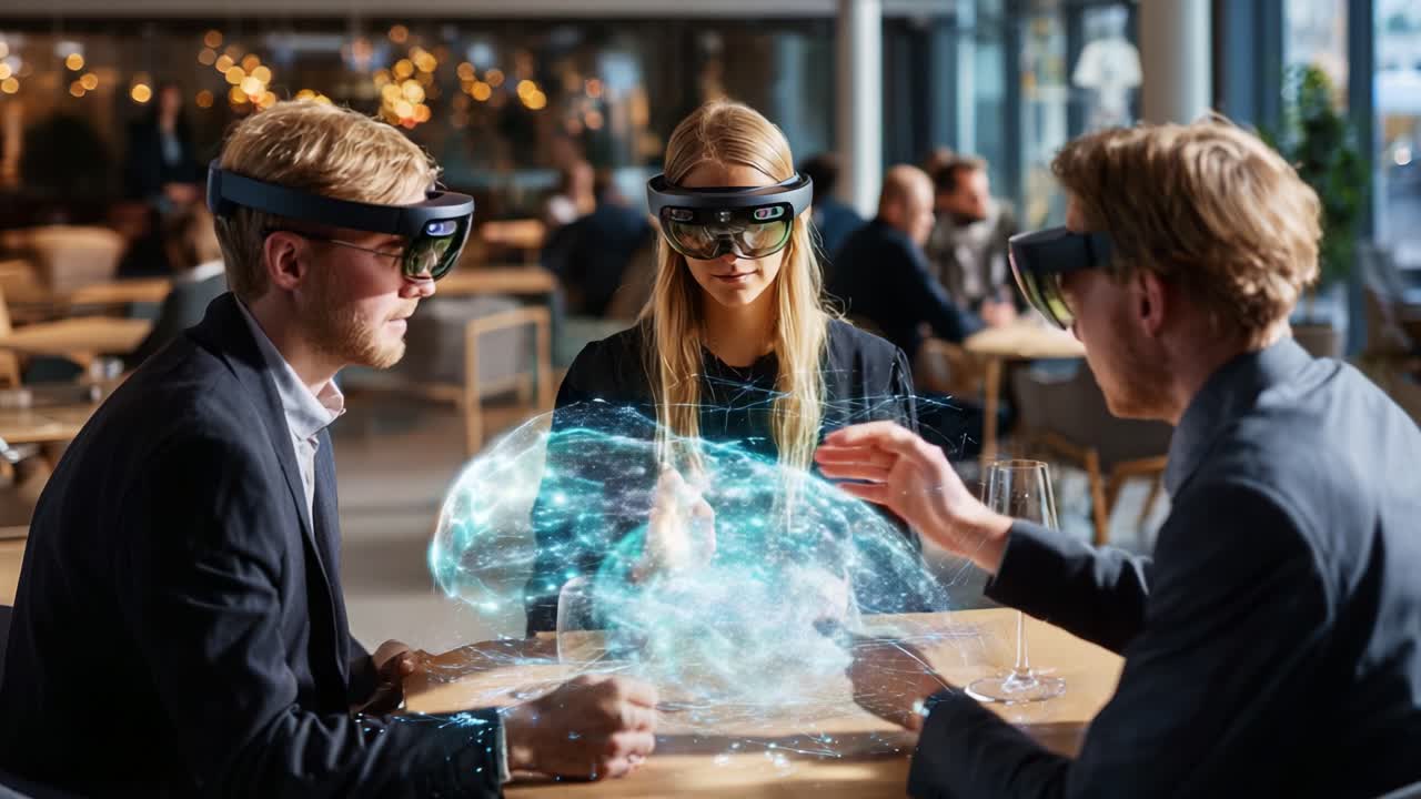 Futuristic Interaction: Engaged Participants Using Augmented Reality Glasses to Explore Virtual Concepts Amidst a Modern Cafe Ambiance, Blending Technology and Social Engagement