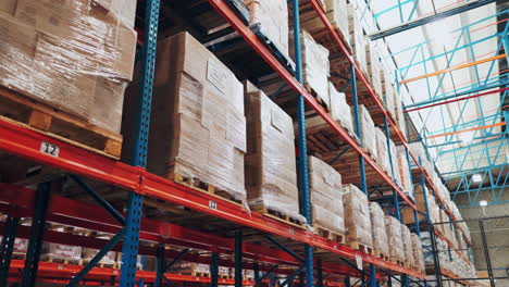 warehouse shelves filled with pallets of boxes