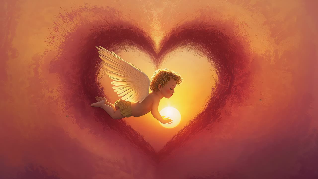Glowing orb drawing cherub with feathered wings and draped cloth into heart cloud, cradling orb