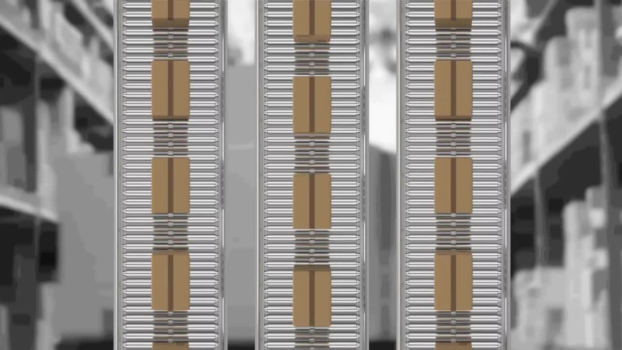 animación de cajas de cartón que se mueven en cintas transportadoras sobre el almacén