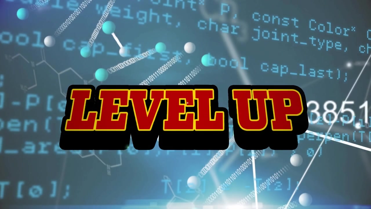 Level up text banner and chemical and dna structures against data processing on blue background