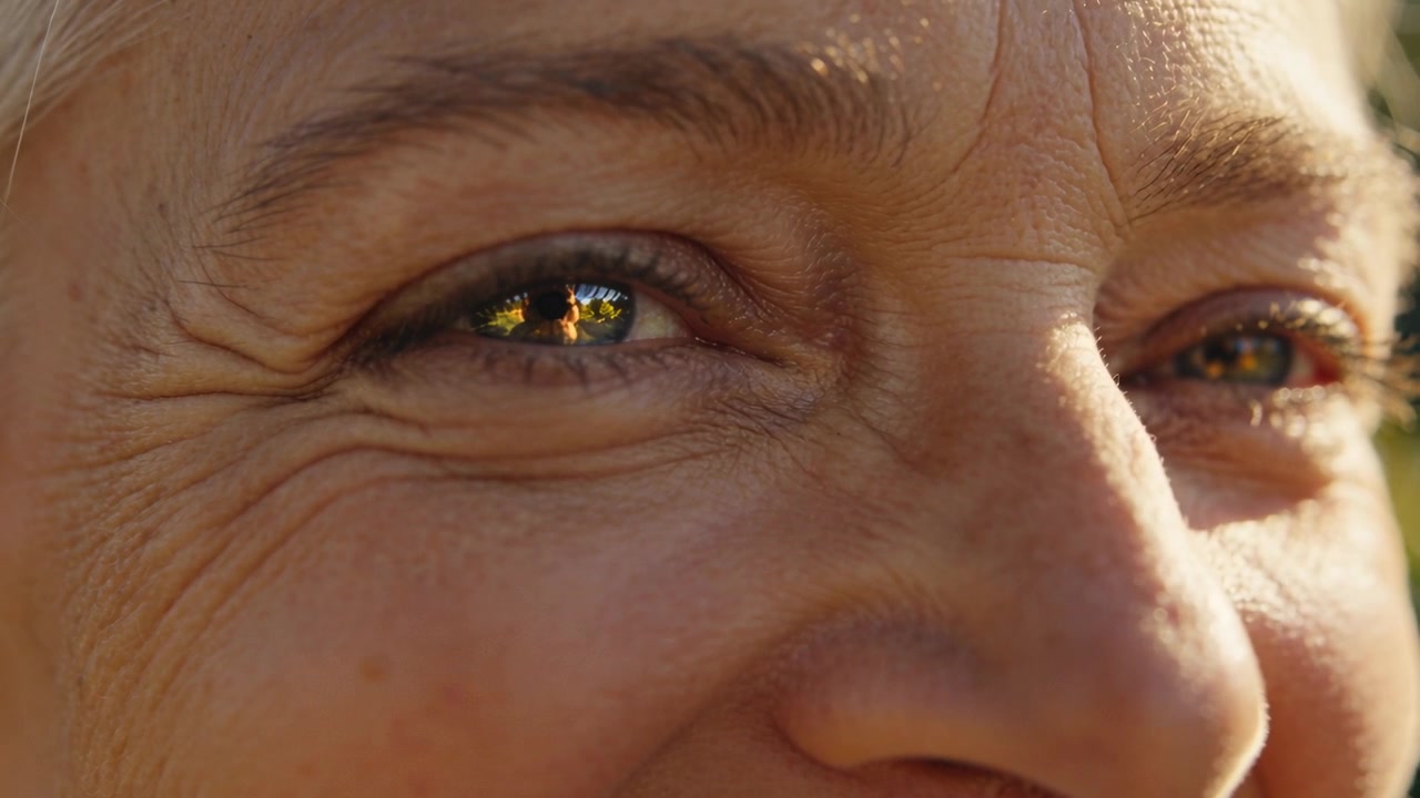 Donna anziana che guarda e reagisce al riflesso della telecamera, strizzando gli occhi nel caldo fogliame di un giardino soleggiato.