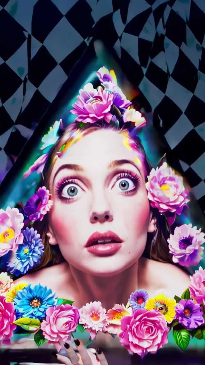 Surprised woman with colorful flowers in her hair and around her neck is looking up with wide eyes against a checkered background, creating a surreal and whimsical scene