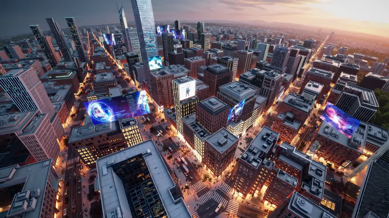 Aerial view of a cityscape at dusk, showcasing illuminated skyscrapers and streets