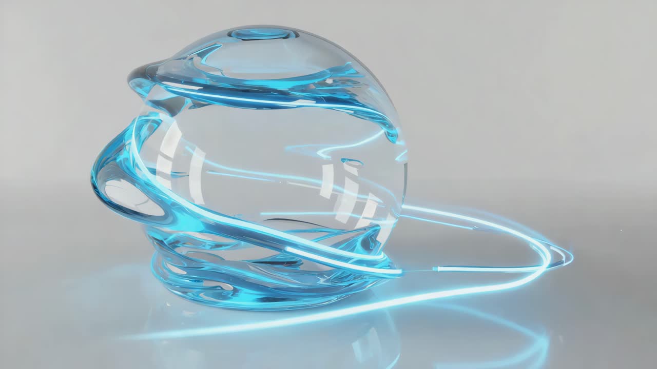 Abstract Glass Sculpture with Glowing Blue Swirls