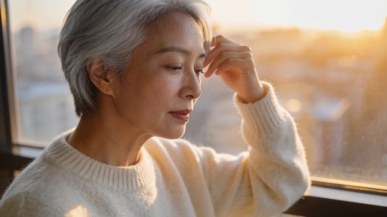Sunlight urging Senior Asian woman lifting hand, touching temple, closing eyes by window
