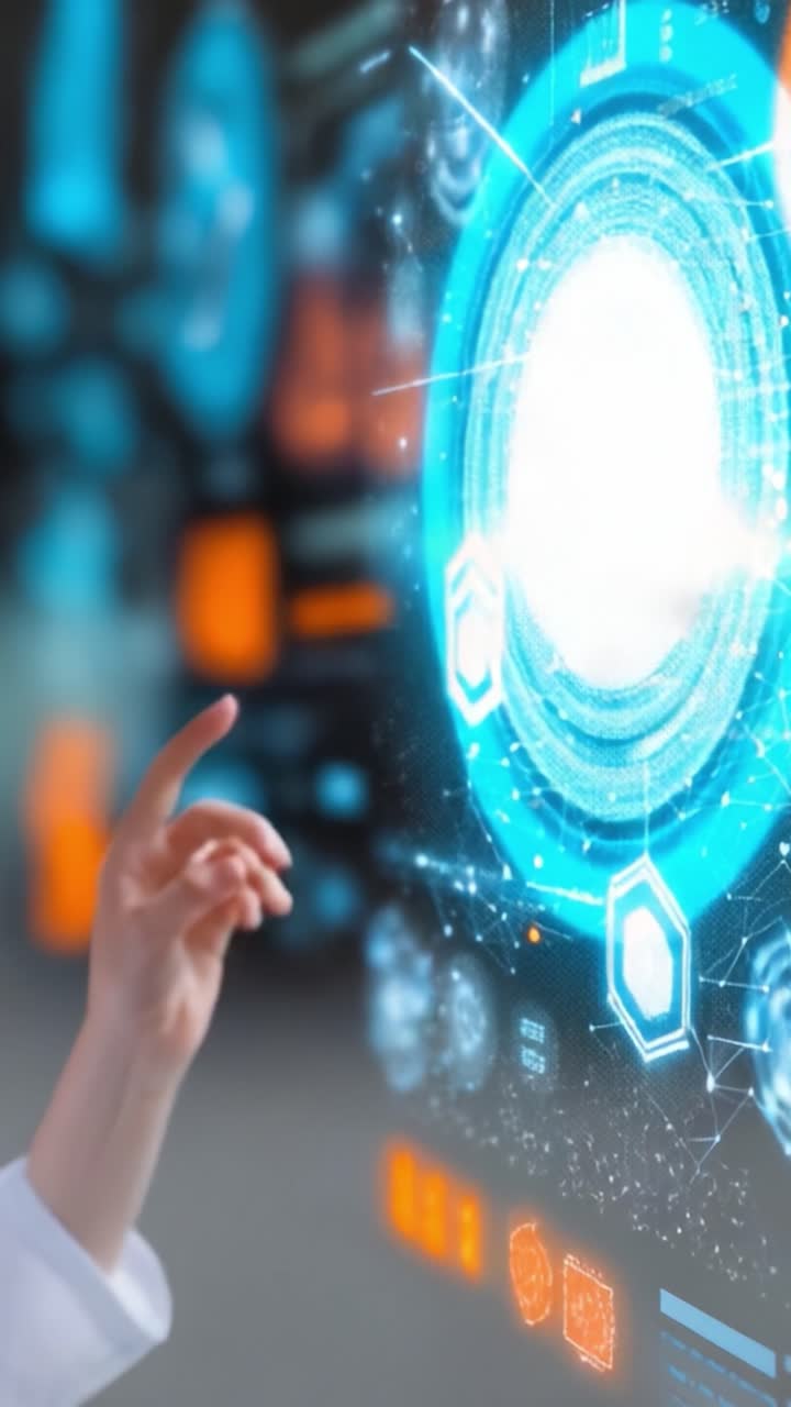 A Close-up of a Hand Interacting with a Futuristic Digital Interface: Engaging with Advanced Technology Through Touchscreen Controls and Data Visualization