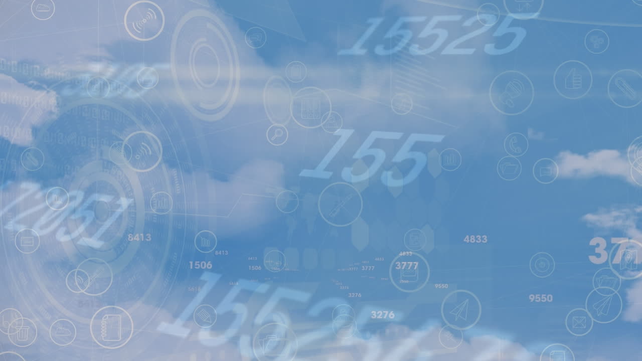 Animation of numbers and data over clouds