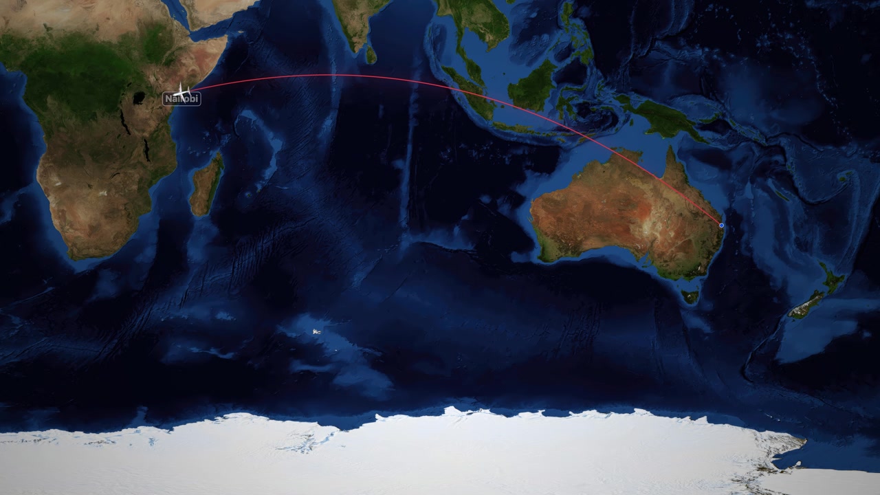 Satellite world map animation tracks flight route from Brisbane Australia to Nairobi Kenya