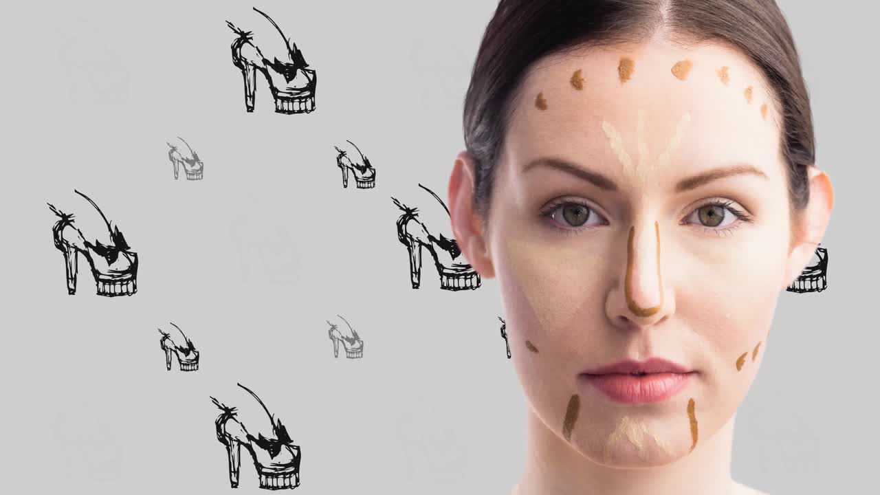 animación de una mujer con maquillaje sobre zapatos de tacón alto sobre fondo gris