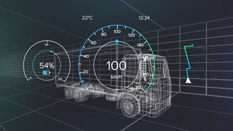Animation-of-eco-icons-and-data-processing-over-3d-car-technical-drawing