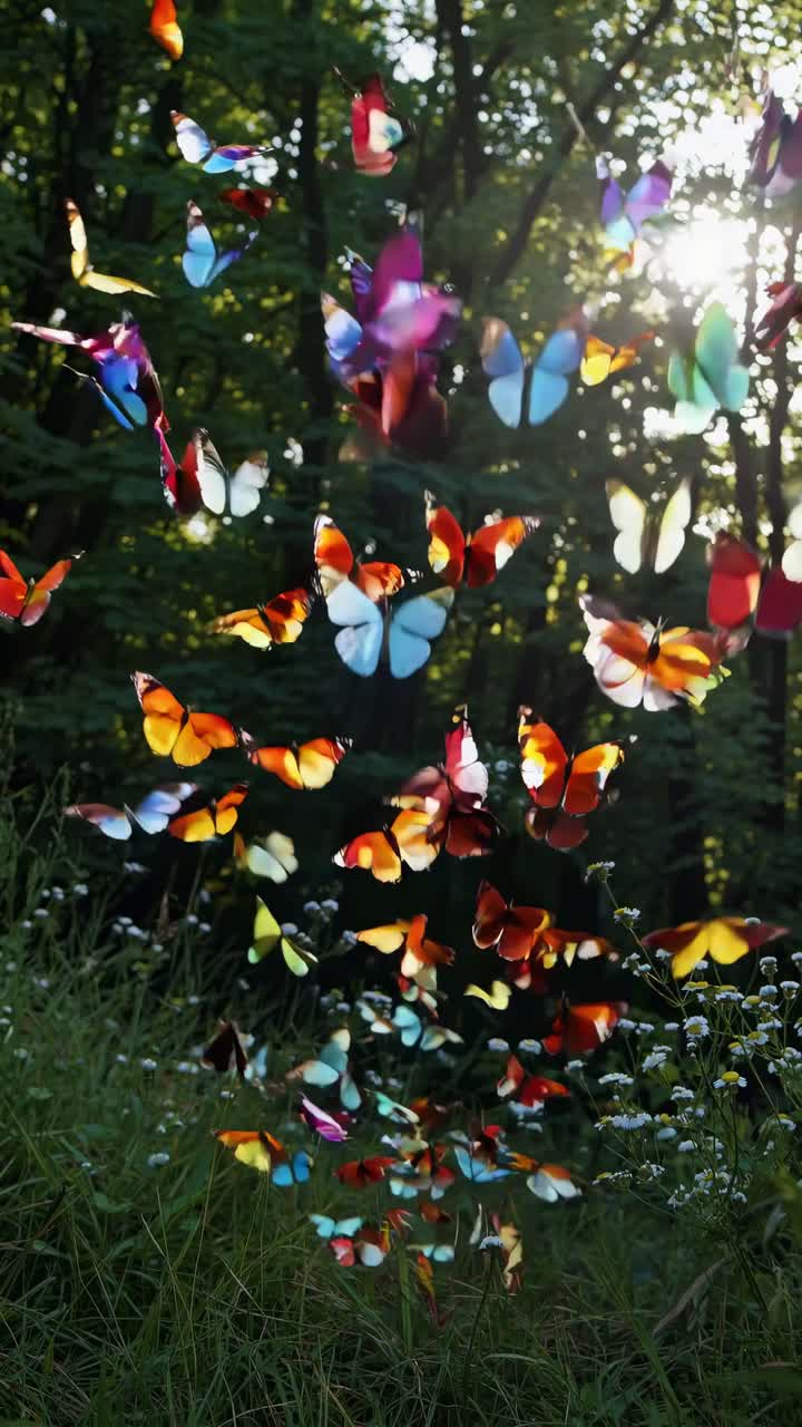Un fotogramma video sereno di farfalle colorate che svolazzano su un prato illuminato dal sole, ripreso da un punto di vista basso