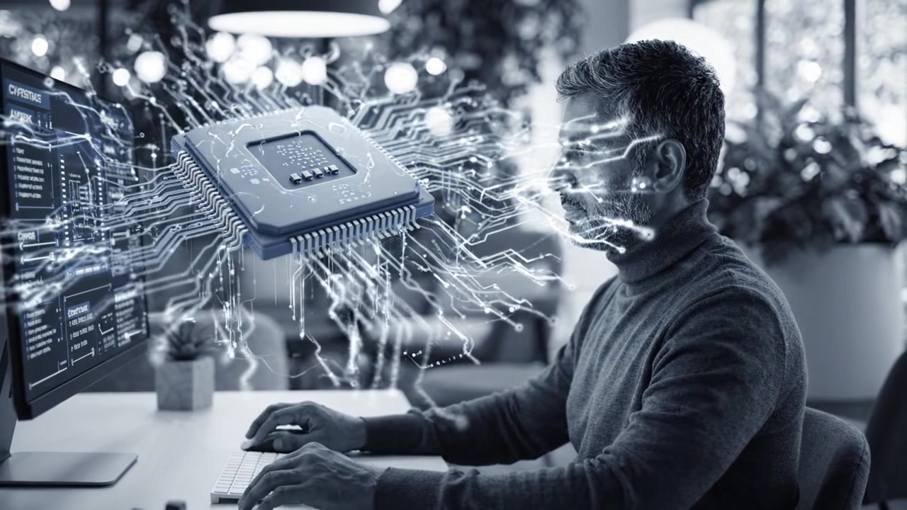 A focused individual engaged in coding and technology, visualizing digital processes and data flow while seated at a desk in a modern, well-lit workspace.