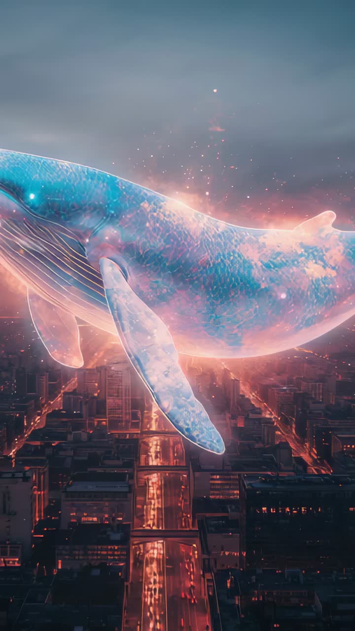 Vertical video: Gliding lit whale across frames shifting fins above downtown avenue trailing lights
