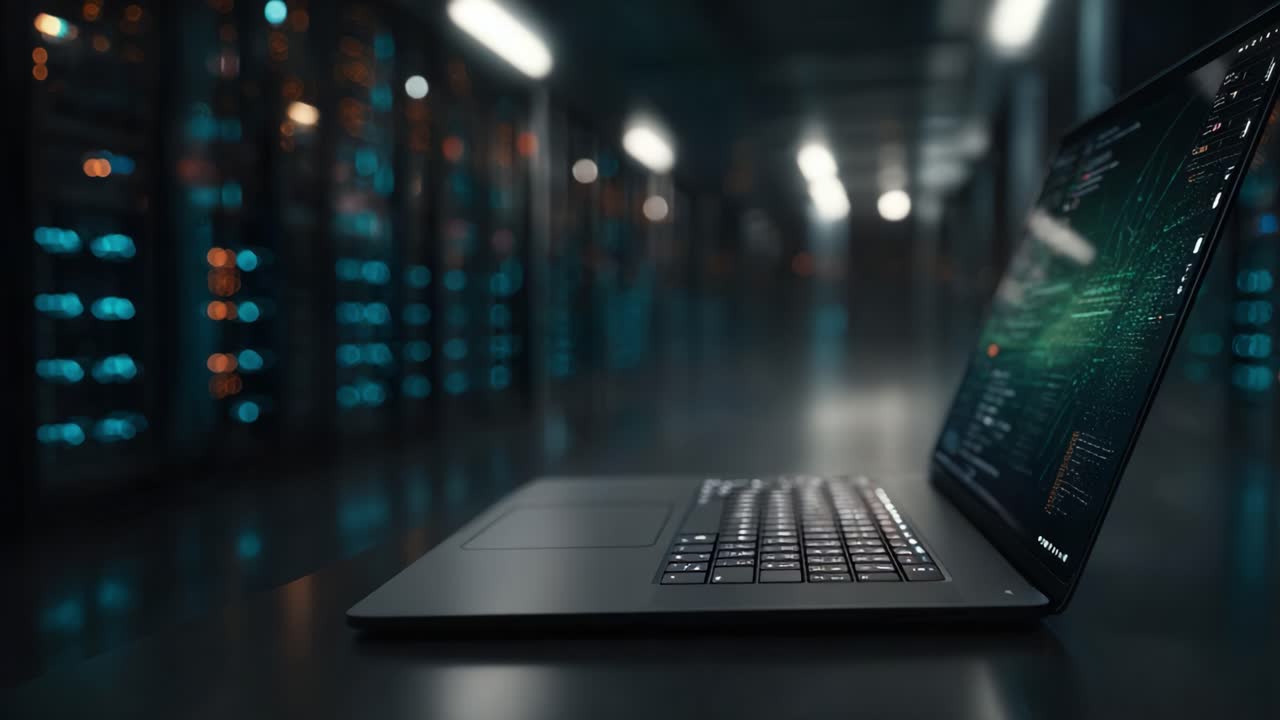 A sleek laptop displayed in a high-tech server room, showcasing advanced technology and vibrant data visualization on its screen, emphasizing modern computing capabilities