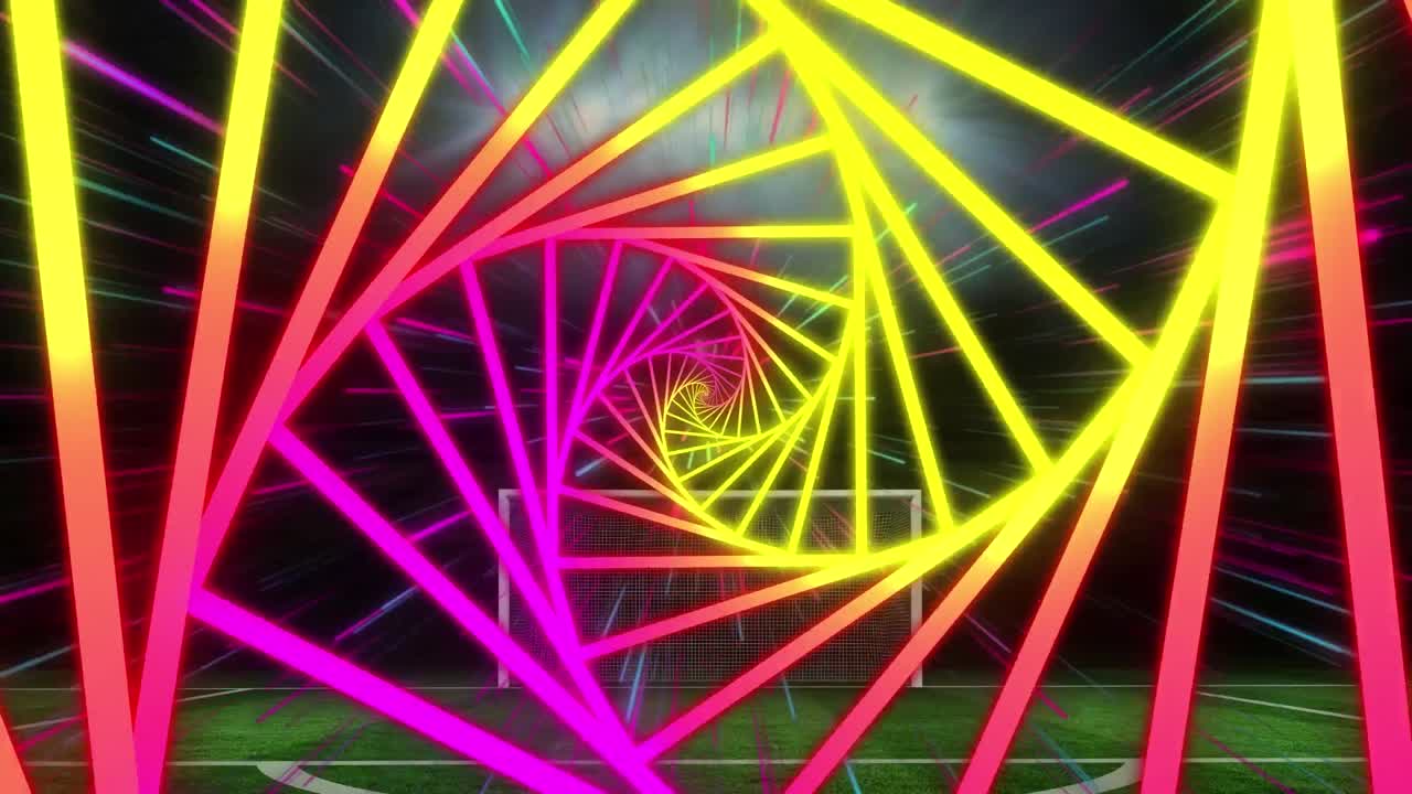 animazione 3d di astratto colorato modello di vortice, fasci di neon che si zoomano su uno stadio di calcio illuminato