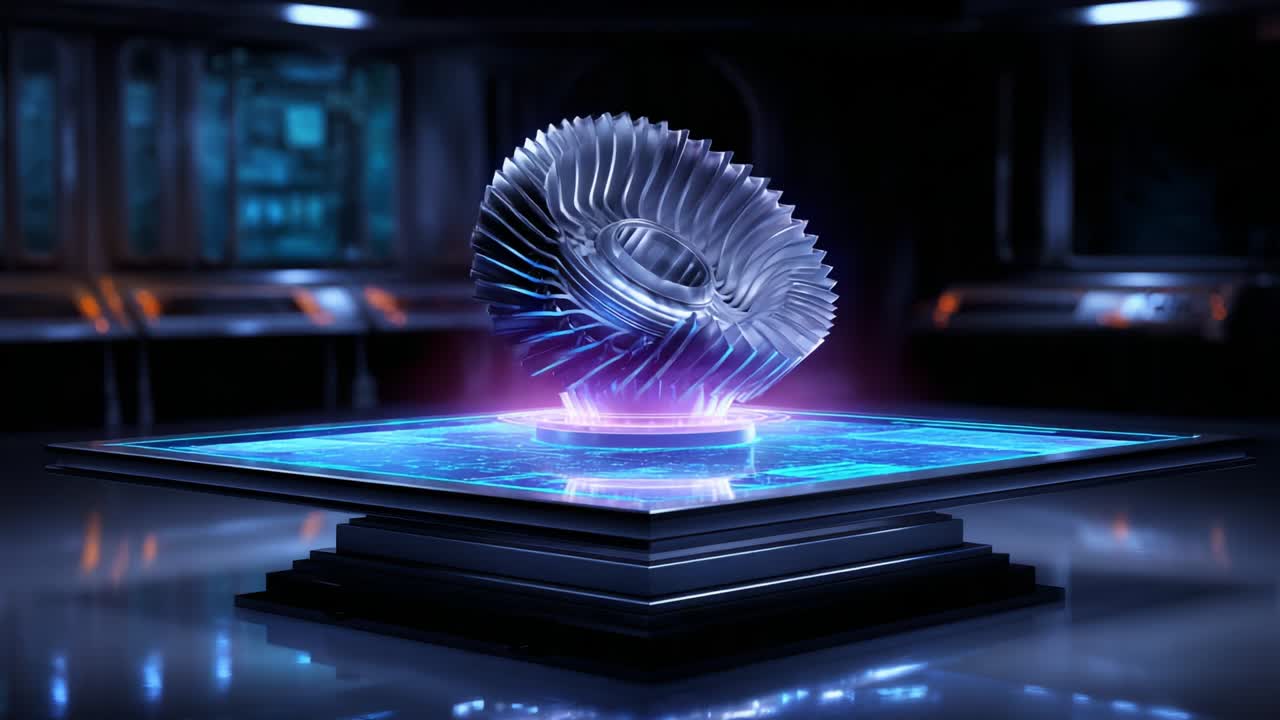 A futuristic and high-tech holographic display featuring a shimmering turbine-like object, levitating above a glowing platform, surrounded by an advanced digital interface that hints at cutting-edge technology and innovation