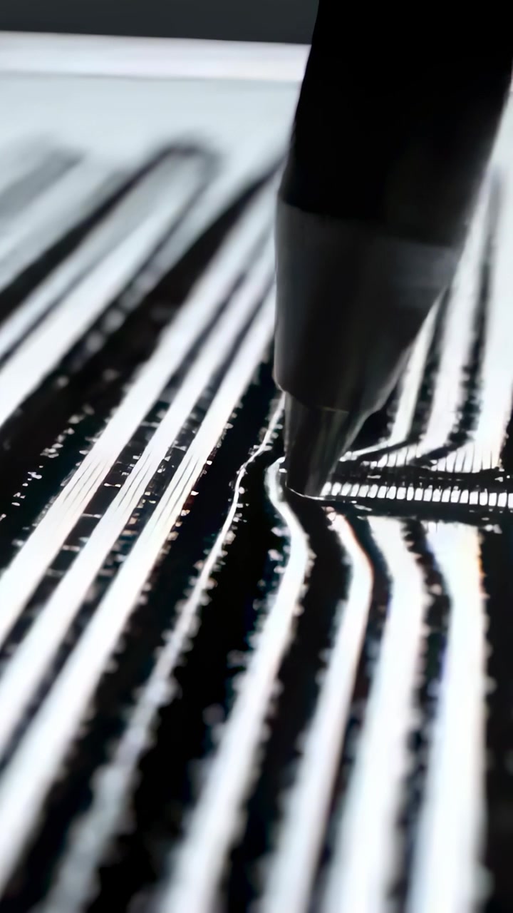 Vertikal video: Berøring af metallisk stylus, der deformerer stribet skærm i nærbillede, tester respons