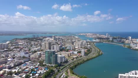 san juan puerto rico , condado, santurce y la laguna filmada con un dron con un cielo despejado