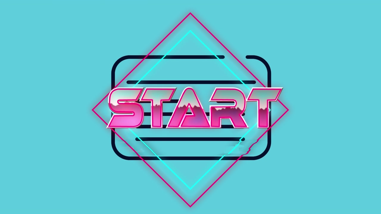 Animation of start text over geometrical shapes on blue background