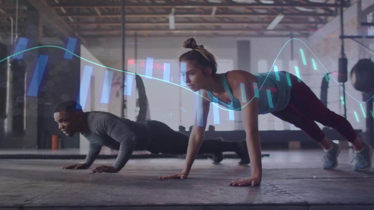 Woman and man holding low push-up, pressing up and down, waveform overlay syncing reps for fitness