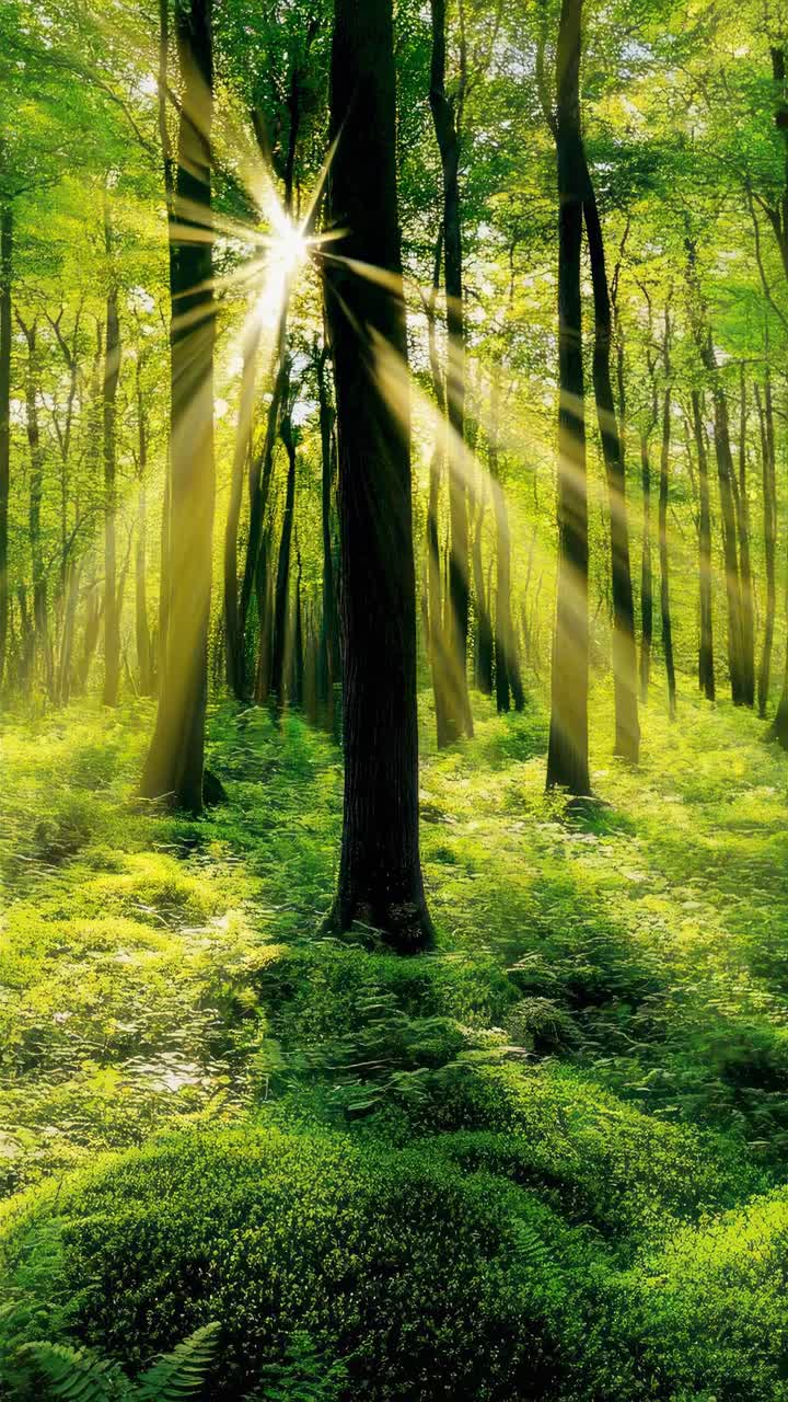 Sunlight filters through tall trees in a lush forest, captured from a low angle, creating a serene