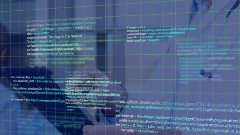 working on animation, person using computer with code and data grid overlay