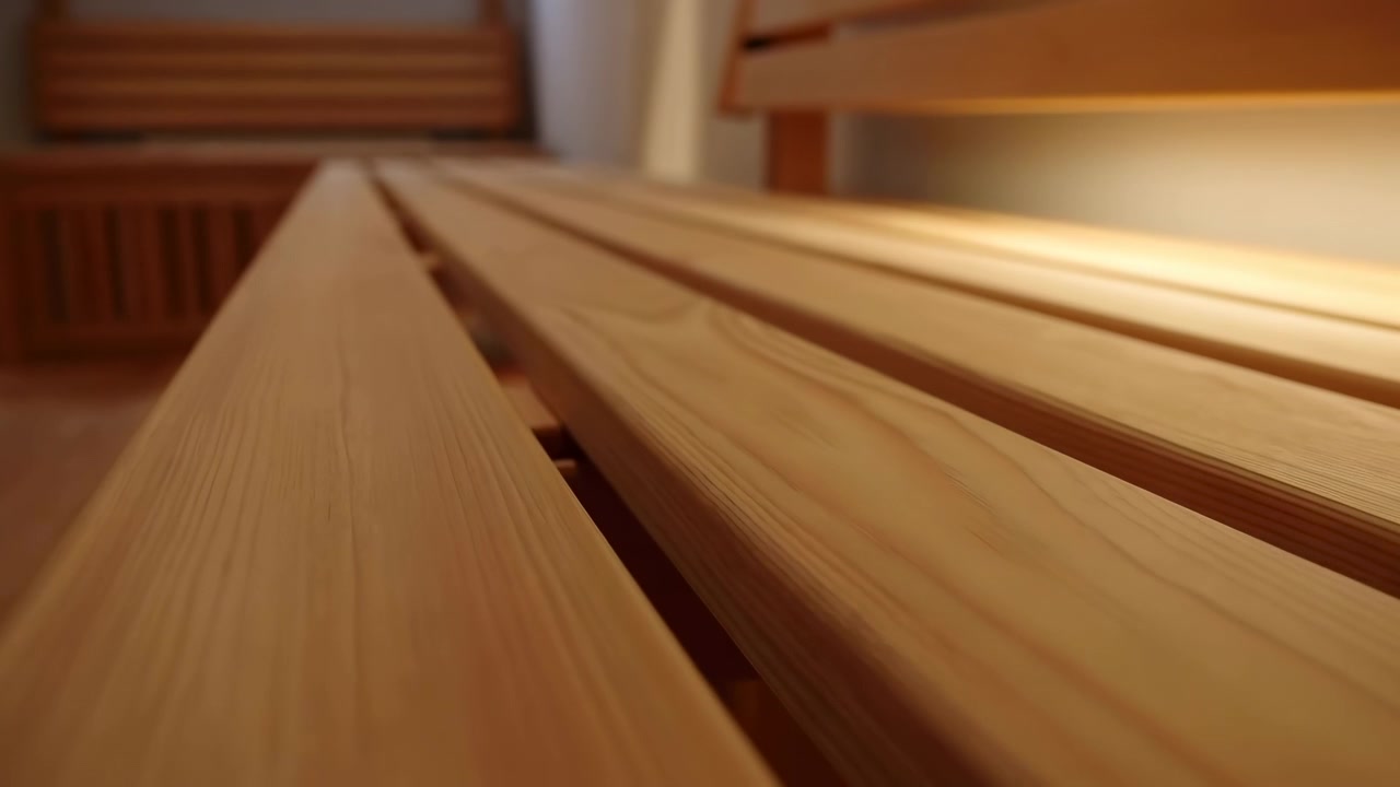 Vista en ángulo bajo de un banco de listones de madera con tablones diagonales, luz cálida difusa, textura de superficie lisa, estructura lineal limpia, ambiente interior tranquilo y profundidad sutil, con madera, banco, listón