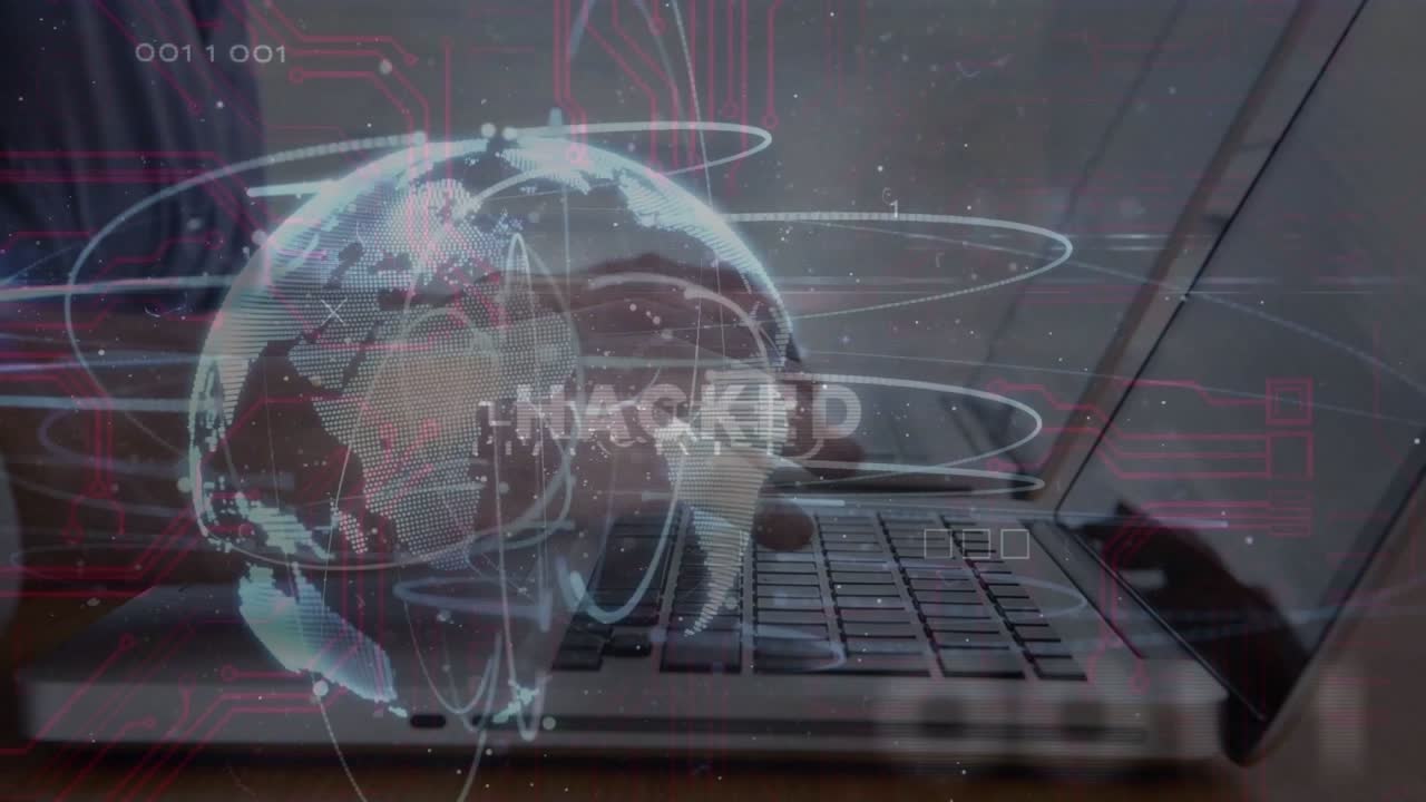 Kullanıcı elleri yazmaya başlarken, bir küre ve yanıp sönen "HACKED" etiketi beliriyor, siber bir ihlal görselleştiriliyor.