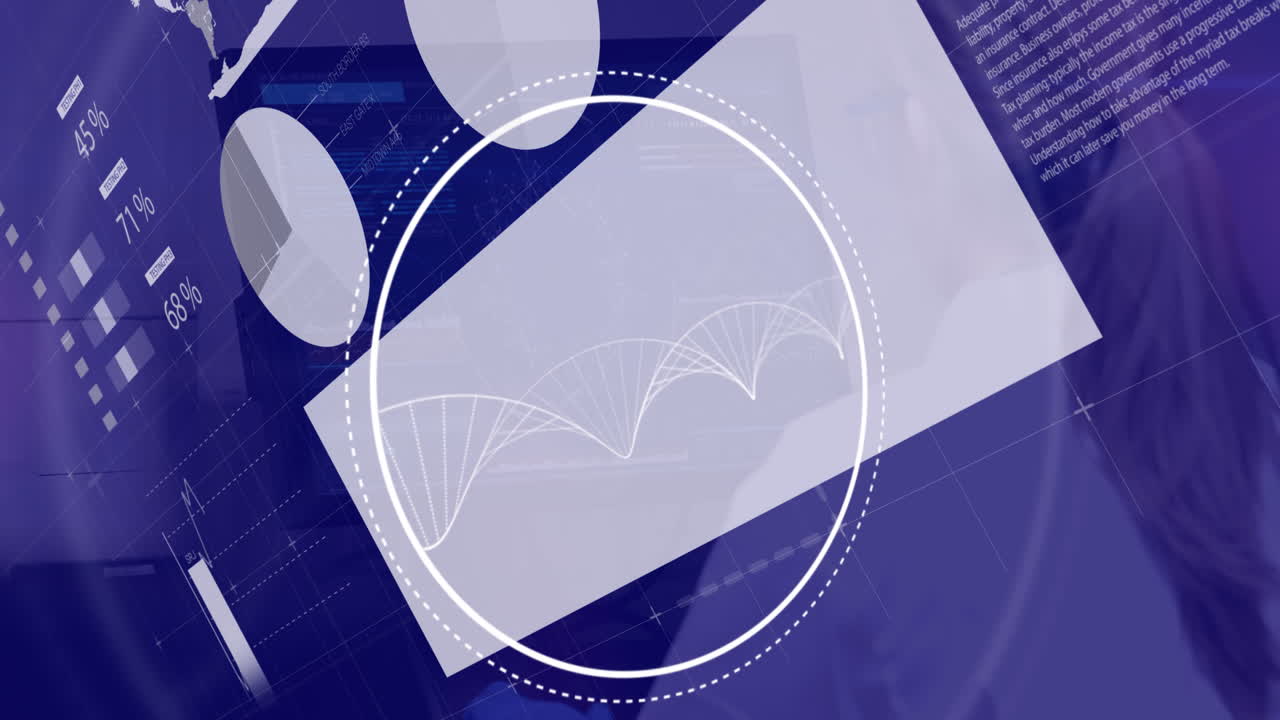 데이터 처리 및 dna 스트랜드의 애니메이션 백인 여성 과학자