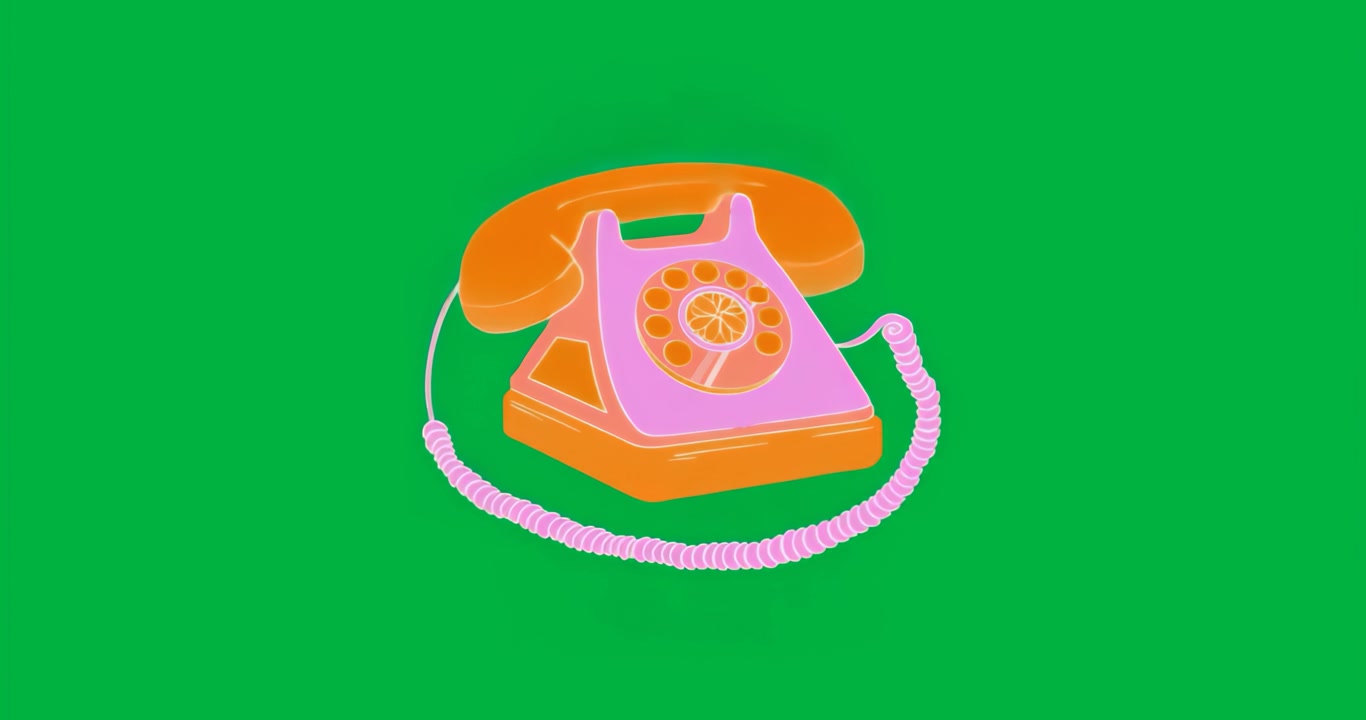 Neon rotary telephone, responding to call, lifting handset back, pulsing on transparent background